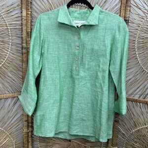 Sarah Campbell 100% Linen Tunic Green Women's Size Small Shirt Top 3/4 Sleeve